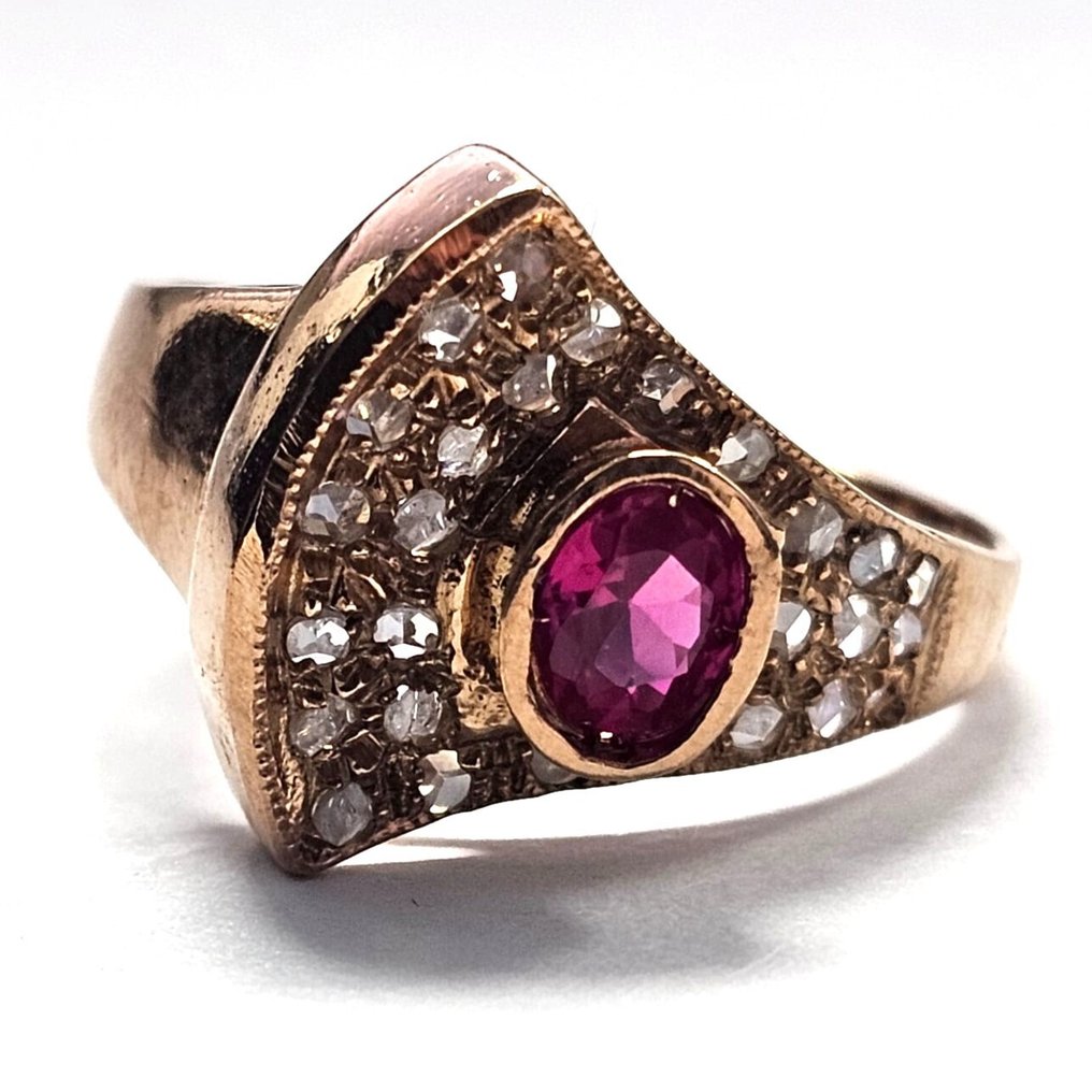 没有保留价 - 戒指 - 9 kt. 玫瑰金, 银 红宝石 - 钻石 #1.0