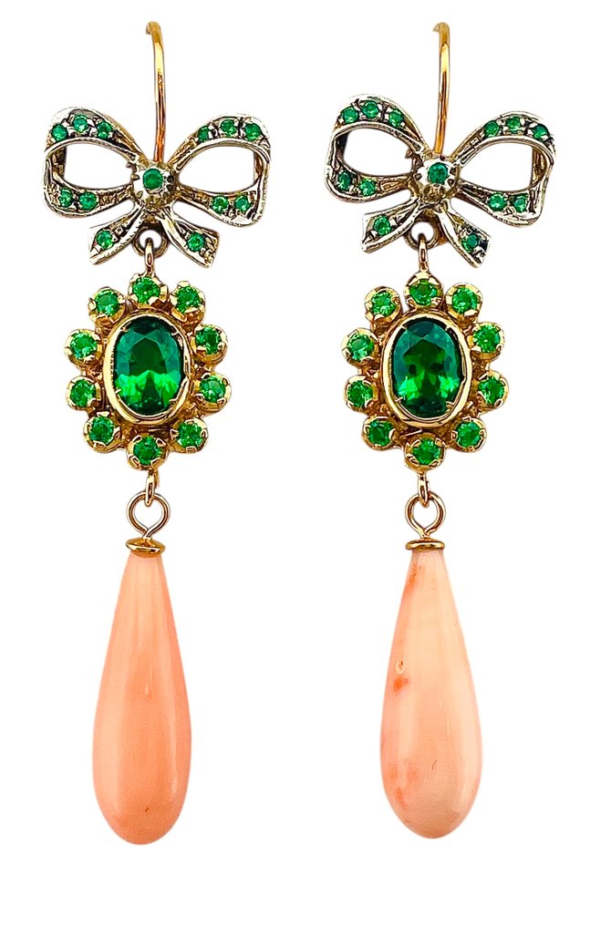 Senza prezzo di riserva - Orecchini - 9 kt Oro giallo, Argento Smeraldo - Corallo #1.0