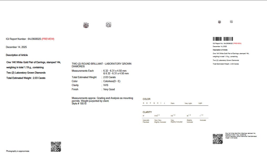 χωρίς τιμή ασφαλείας - Καρφωτά σκουλαρίκια - 14 καράτια Λευκός χρυσός -  2.03ct. tw. Διαμάντι (Εργαστηριακής καλλιέργειας) - Πιστοποιημένο από IGI #3.2
