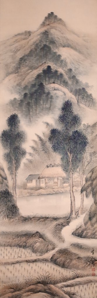 乡村风景 - 老房子与稻田景色 - 挂轴 - 手工绘制在丝绸上 - Unjin 雲人 - 日本 - Shōwa period (1926-1989) #2.1