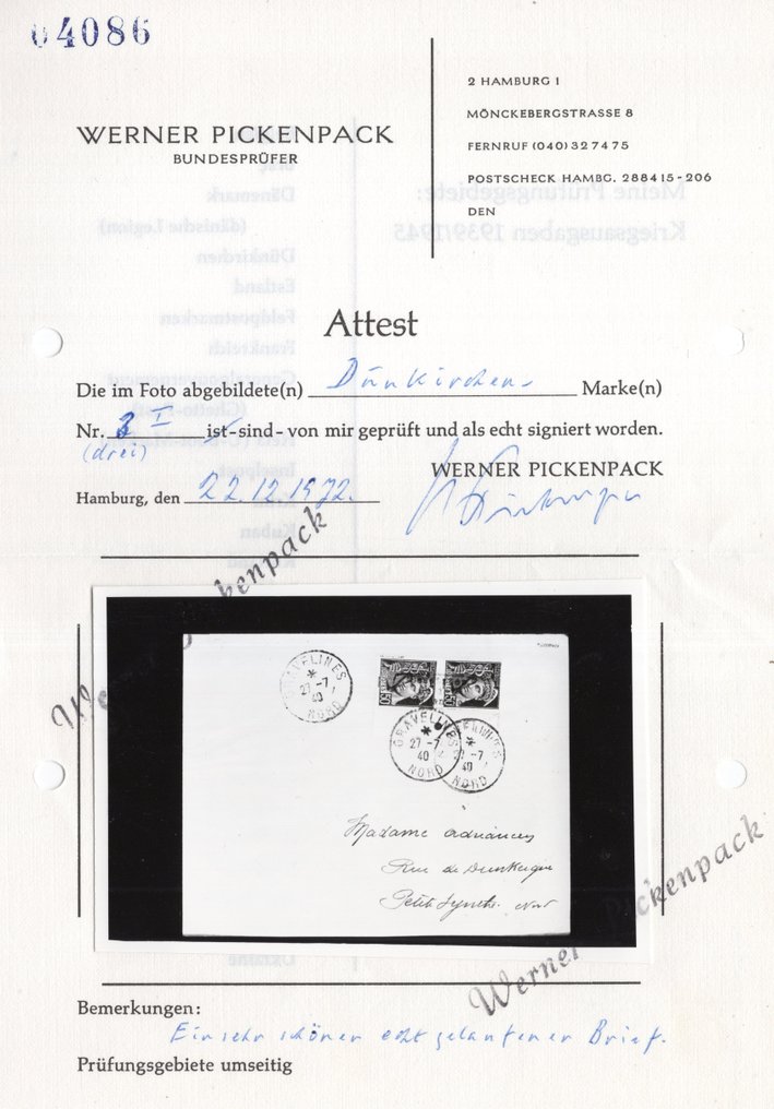 德意志國- 佔領法國 （1941-1945） 1940 - 敦刻尔克印刷对在信件上，附有证明 - Michel 3 I #1.0