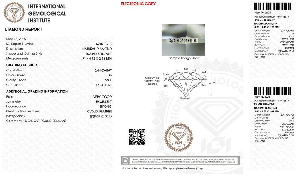 No reserve price - 1 pcs Diamond  (Natural)  - 0.44 ct - Round - G - VS1 - International Gemological Institute (IGI) - *EX VG* #2.1
