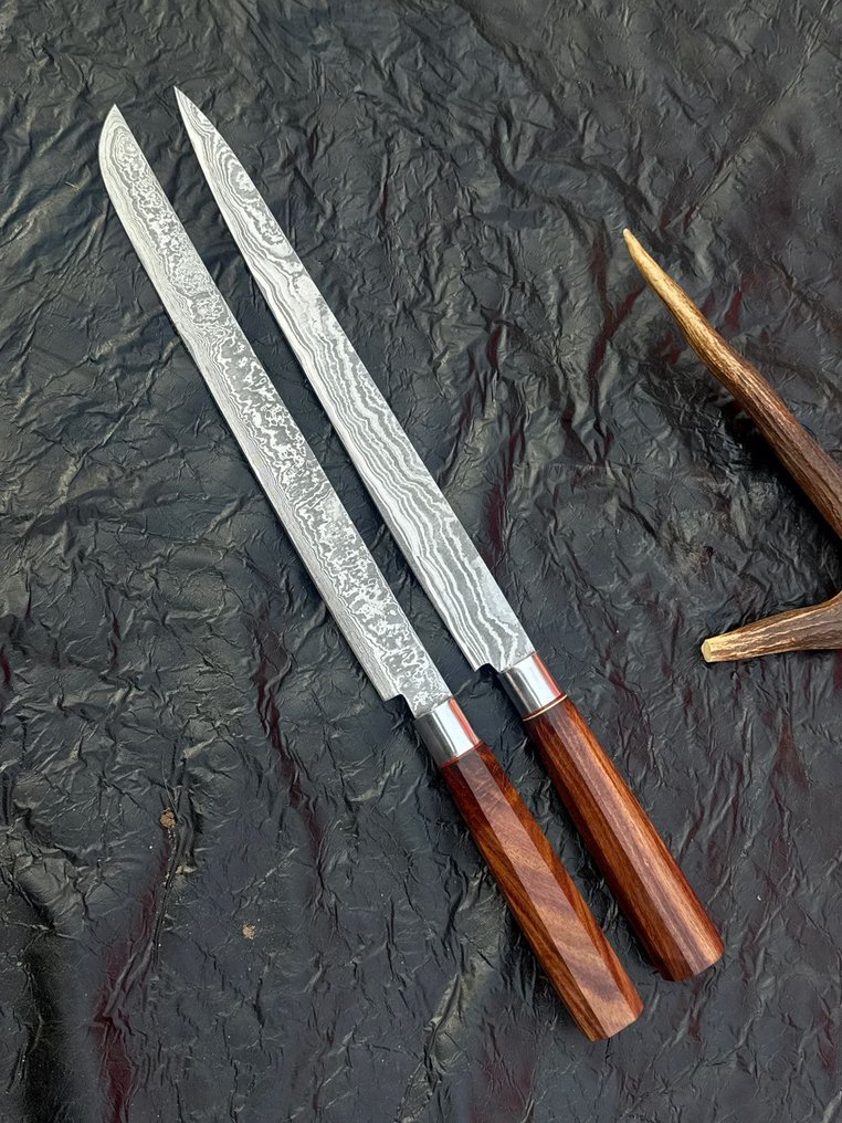 廚刀 -  厨房刀 - 银色护罩 - 大马士革 10/95 15N20 厨师刀 手工刀具，随机花纹，ASH - 木材 - 亞洲 #1.0