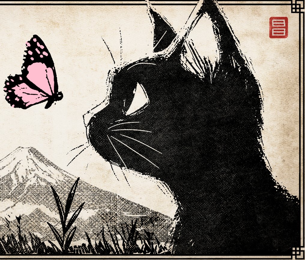 Kodo88 Giclée - Jiji and the Pink Butterfly at Mt. Fuji 富士山のジジと蝶 – Limited Edition (9/10) – Hand Signed #4.3