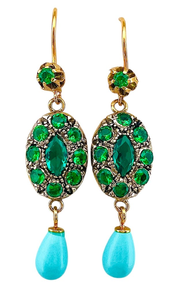 没有保留价 - 耳环 - 9 kt. 黄金, 银 祖母绿 - 绿松石 #1.0