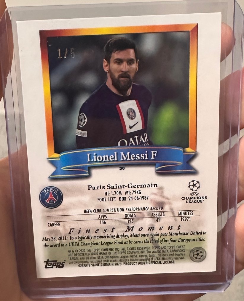 2022/23 Topps Finest UCC 萊納爾·梅西 1/5 Red Refractor - 1 Card - 八成新 (NM) #2.1