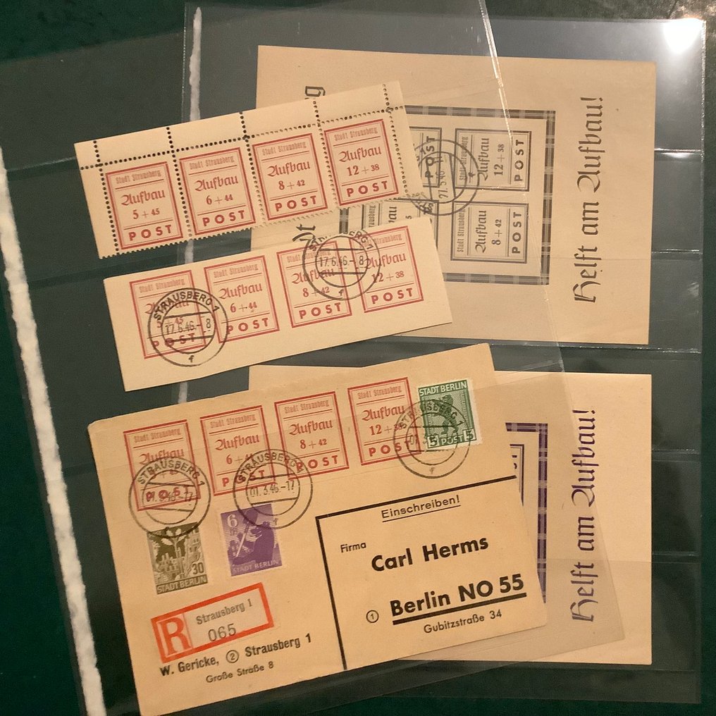 Γερμανία - Τοπικά ταχυδρομεία 1945 - Στράουσμπεργκ: μικρό οικόπεδο και με τα δύο οικοδομικά τετράγωνα - Michel 34/37A en B en blokken 1/2 #1.0