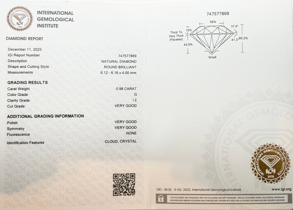 Fără preț de rezervă - 1 pcs Diamant  (Natural)  - 0.98 ct - Rotund - G - I2 - IGI (Institutul gemologic internațional) #2.1