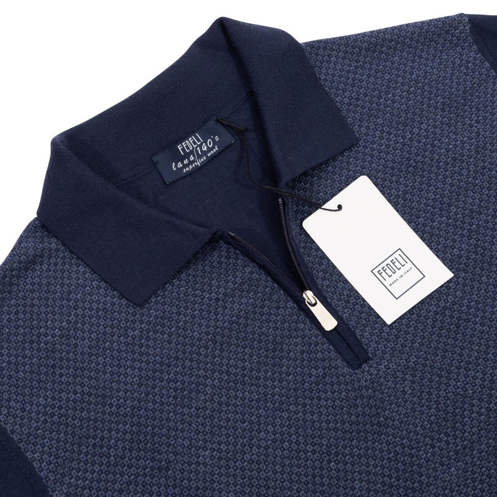 FEDELI CASHMERE RRP 1200€ Blue Sweater Half Zip Jacquard Fine Wool 140's - 50 IT - Jumper - New with tags #3.2