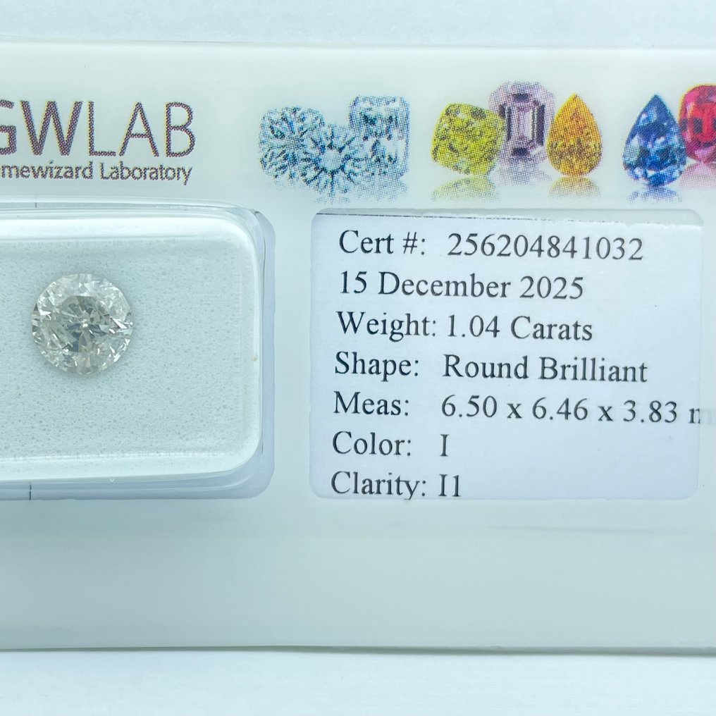 No reserve price - 1 pcs Diamond  (Natural)  - 1.04 ct - Round - I - I1 - Gemewizard Gemological Laboratory (GWLab) #1.0