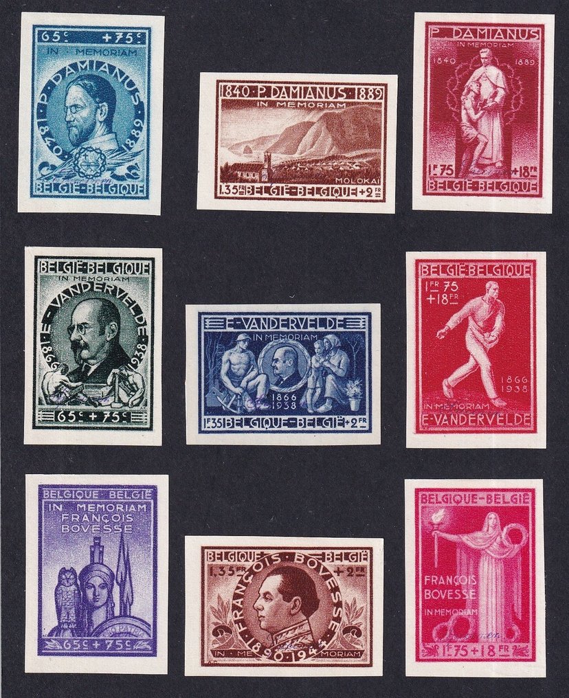 比利时 1946 - ONGETAND 完整系列 Pater Damiaan、Emile Vandervelde 和 François Bovesse - 稀有 - 发行量 - OBP 728/36 #1.0