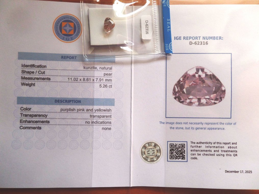 Ei pohjahintaa Kunziitti  - 5.26 ct - Instituto Gemólogico Español (IGE) #4.3