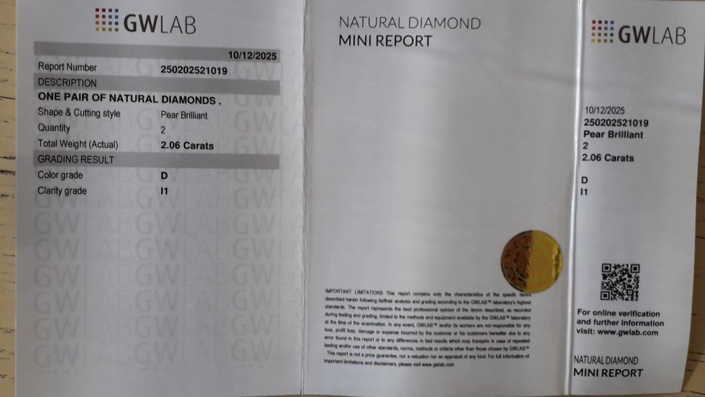 Ei pohjahintaa - 2 pcs Timantti  (Luonnollinen)  - 2.06 ct - Päärynä - D (väritön) - I1 - Gemewizardin gemologinen laboratorio (GWLab) #4.3