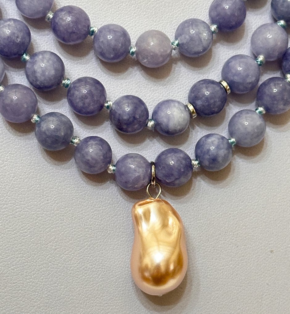 巴西天然海蓝宝石与巴洛克珍珠母（25 x 16 毫米） - 吊坠项链 - 高品质。 925银。 #1.0