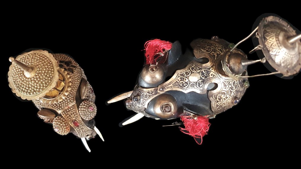 两个木雕大象 - 木, 黄铜, 骨 - 斯里兰卡 - Early 20th century #4.3