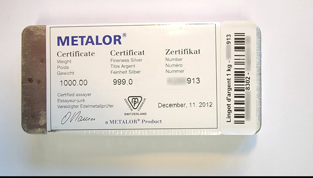 1 quilograma - Prata .999 - Metalor, Switzerland - Selado e com certificado #1.0