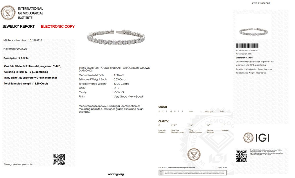 手鈪 - 14 克拉 白金 -  13.30ct. tw. 鉆石 (實驗室培育) - 0.35克拉网球手链 #4.3