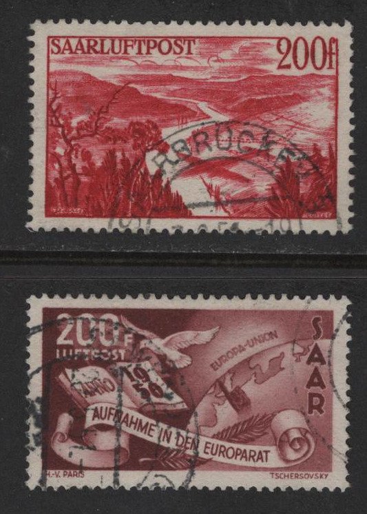 Saarland 1948/1950 - 200 Swiss Francs airmail stamps - Michel 254, 298 #1.0