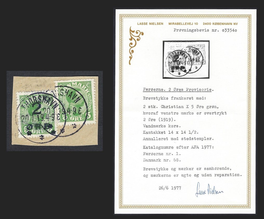 Insulele Faroe 1919 - Fragment provizoriu suprapus 2° și 5° Thorshavn - Certificat Nielsen - N. 121 #2.1