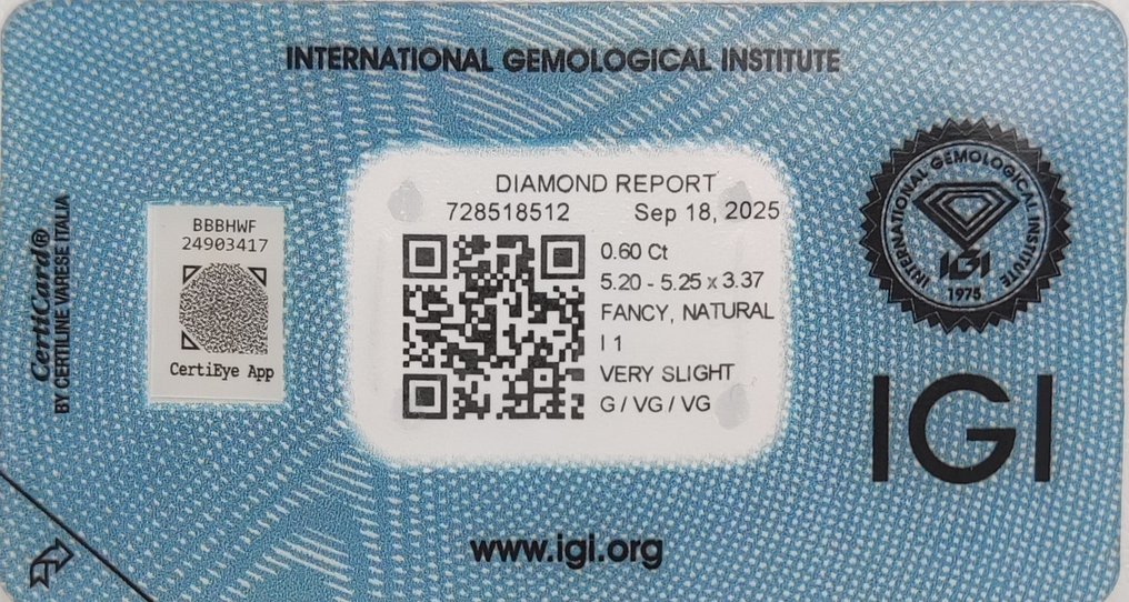 没有保留价 - 1 pcs 钻石  (天然色彩的)  - 0.60 ct - 圆形 - Fancy 黄色 棕色 - I1 内含一级 - 国际宝石研究院（IGI） #2.1