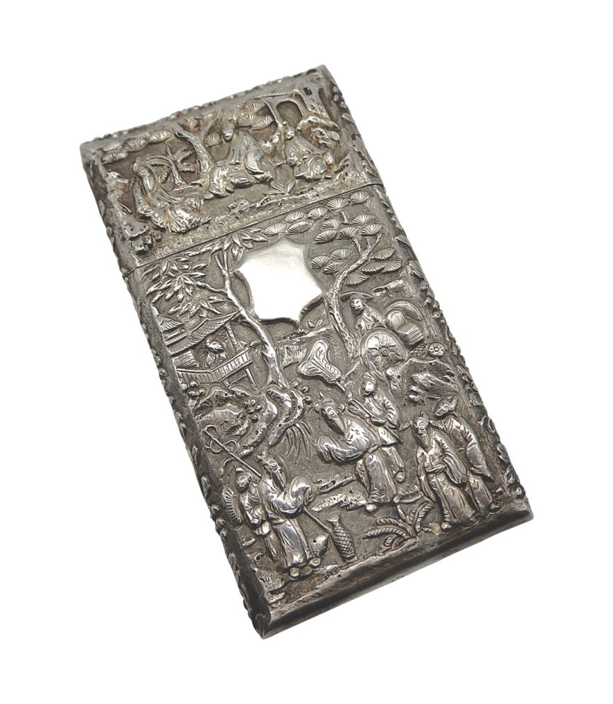 Qing (慶) - Luen Wo di Shanghai - Portacarte - Cinese da Esportazione Mod. "乡村": Scene di Campagna - Argento con Marchio Originale - 1885 #2.1