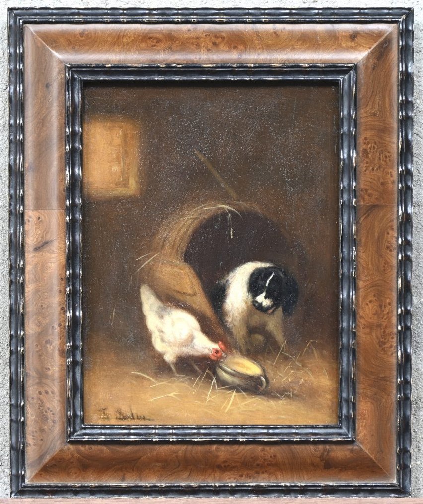 European school, XIX century - Scène de basse-cour – Poule et chien dans un intérieur rustique #1.0