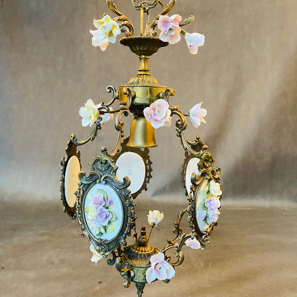 吊灯 - 黄铜, 瓷, Capodimonte 原版 1900年代初 #1.0