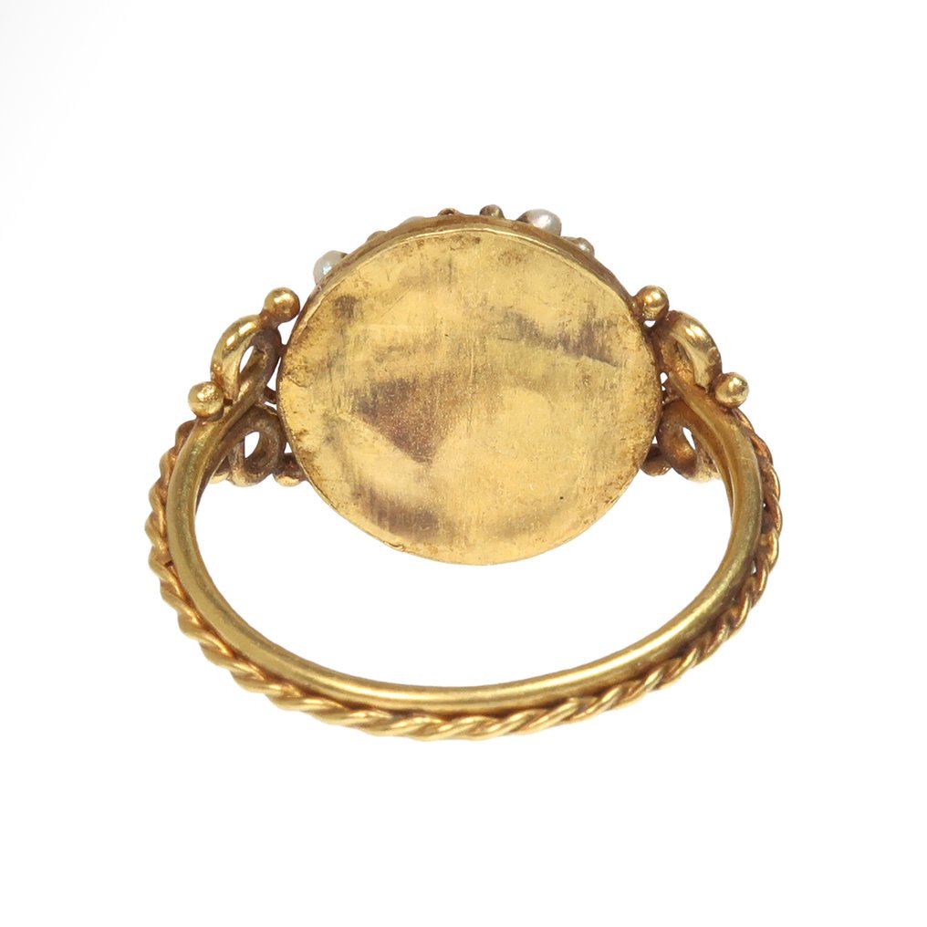 Replik eines antiken Römer Gold, Perlmutt und grüner Stein Ring mit Intaglio von Apollo #4.3