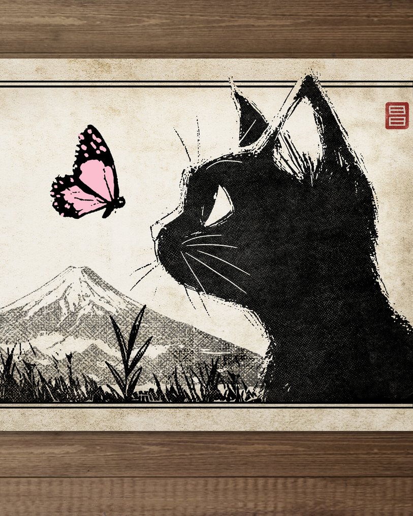 Kodo88 Giclée - Jiji and the Pink Butterfly at Mt. Fuji 富士山のジジと蝶 – Limited Edition (9/10) – Hand Signed #1.0