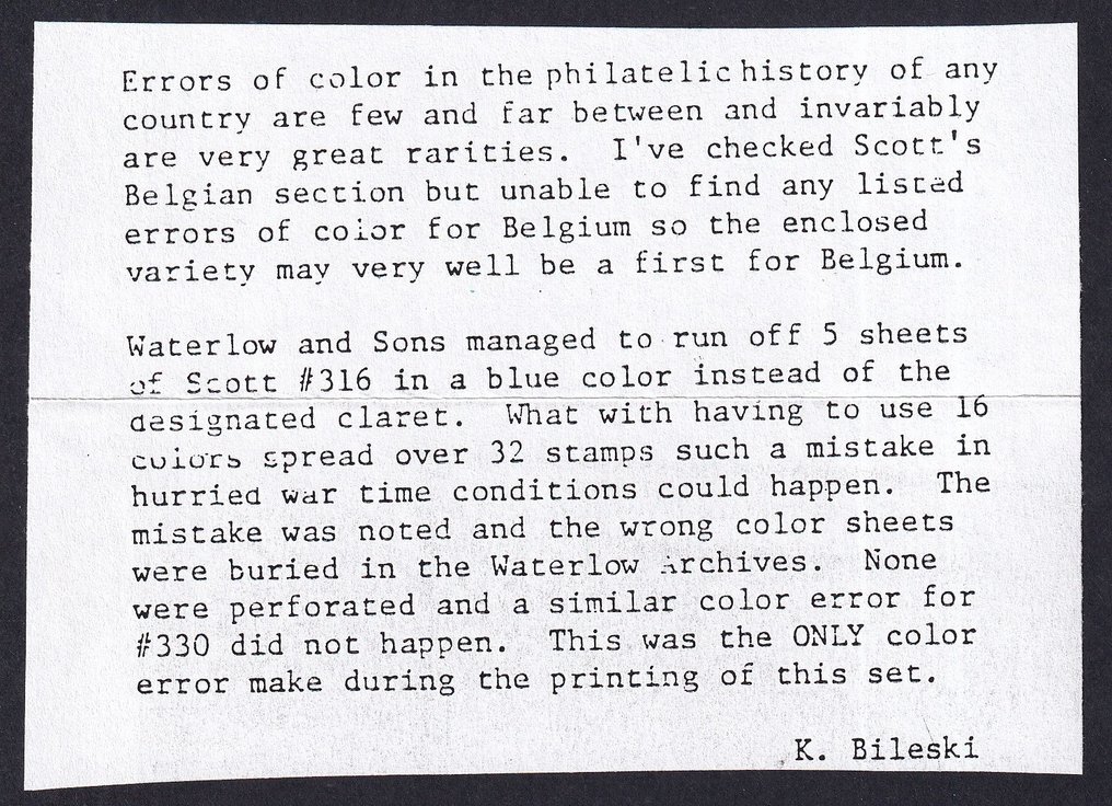 Belgio 1944 - ONGETAND Leone araldico con grande 'V', stampa errata, colore diverso - raro - tiratura di 1 foglio - OBP 686A #2.1