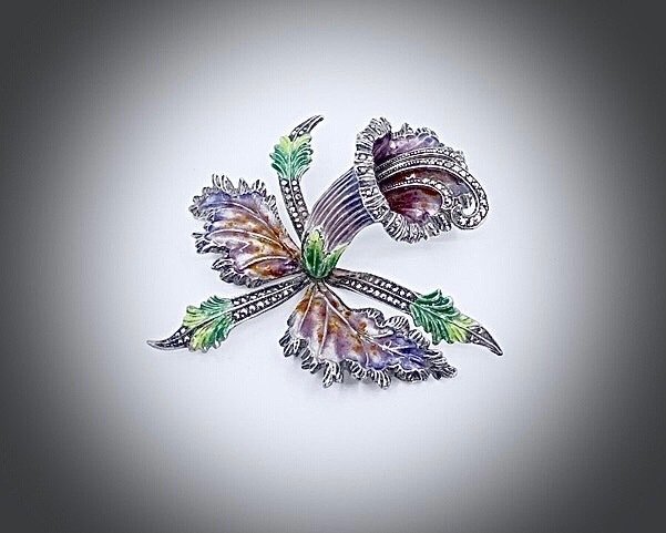 Sølv, emalje - Broche - Stor blomsterbroche #2.1