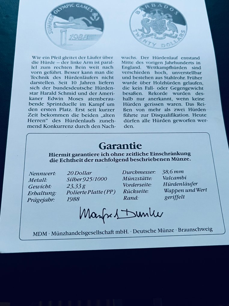 Barbados. 20 Dollars 1988 Olympic game, with a certificate  (No reserve price) #3.2