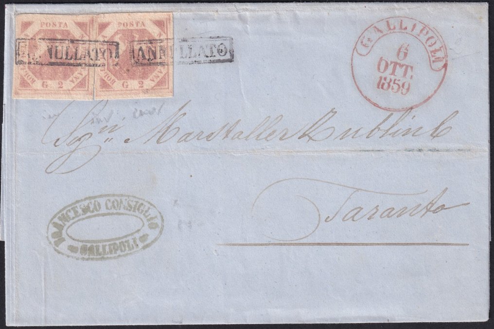 Italian Ancient States - Naples 1859 - October 6, 2+2 grams. I^ Tav. Sass 5 large margins on overpass from Gallipoli to Taranto Spl. #1.0