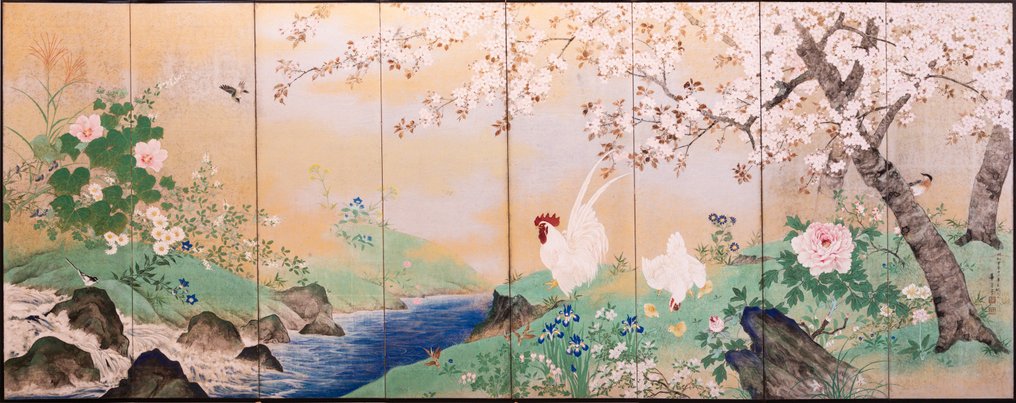 Byōbu屏風 - 紙, 木, 一幅八面折屏，描绘了樱花下的公鸡和母鸡。 - 日本 #1.0