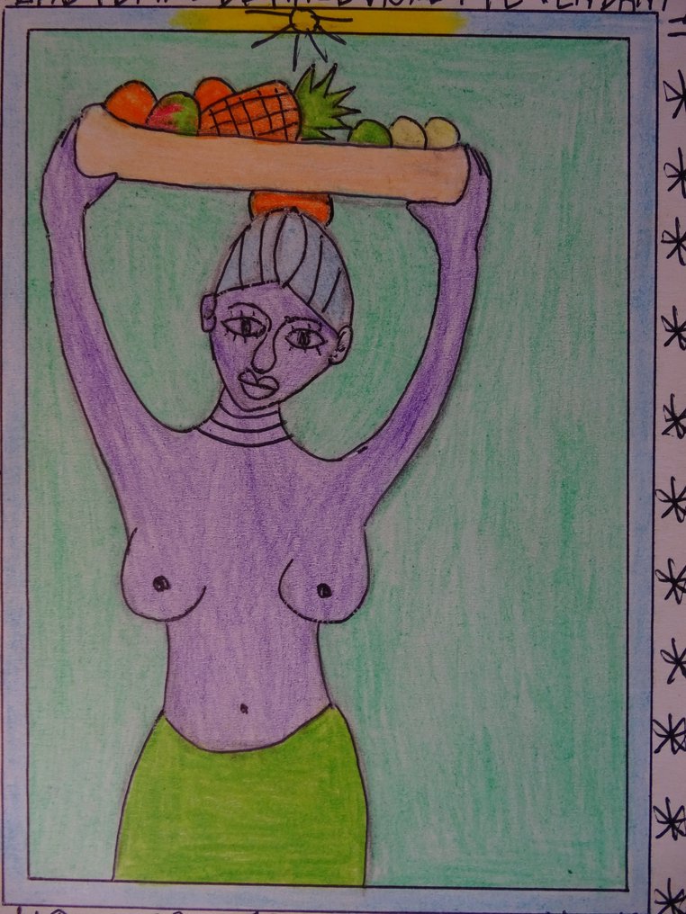 Frédéric Bruly-Bouabré (1923-2014) - Girl with pineapple and fruit #3.2