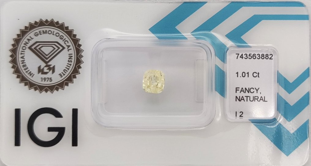 没有保留价 - 1 pcs 钻石 (天然色彩的) - 1.01 ct - 枕形 - Fancy 黄色 - I2 内含二级 - 国际宝石研究院(IGI) #1.0