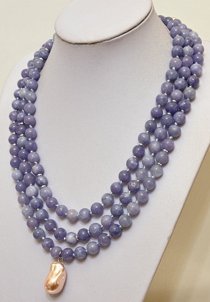 巴西天然海蓝宝石与巴洛克珍珠母（25 x 16 毫米） - 吊坠项链 - 高品质。 925银。 #3.2