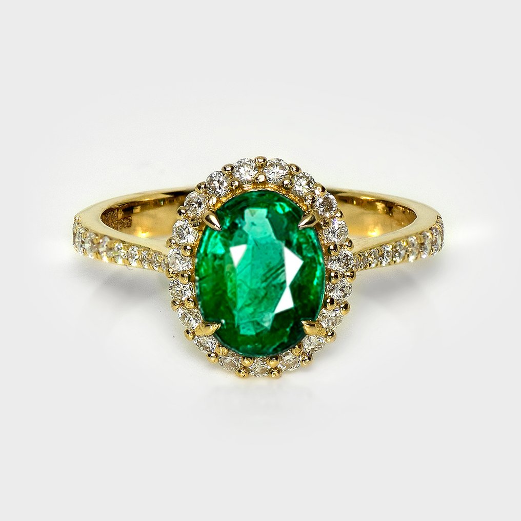 Zonder minimumprijs - Ring - 14 karaat Geel goud, IGI 1,30 ct Zambia Intense Groen - 1.76ct. tw. Smaragd - Diamant #1.0