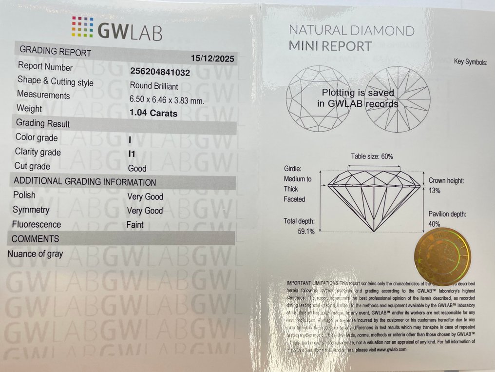 No reserve price - 1 pcs Diamond  (Natural)  - 1.04 ct - Round - I - I1 - Gemewizard Gemological Laboratory (GWLab) #2.1