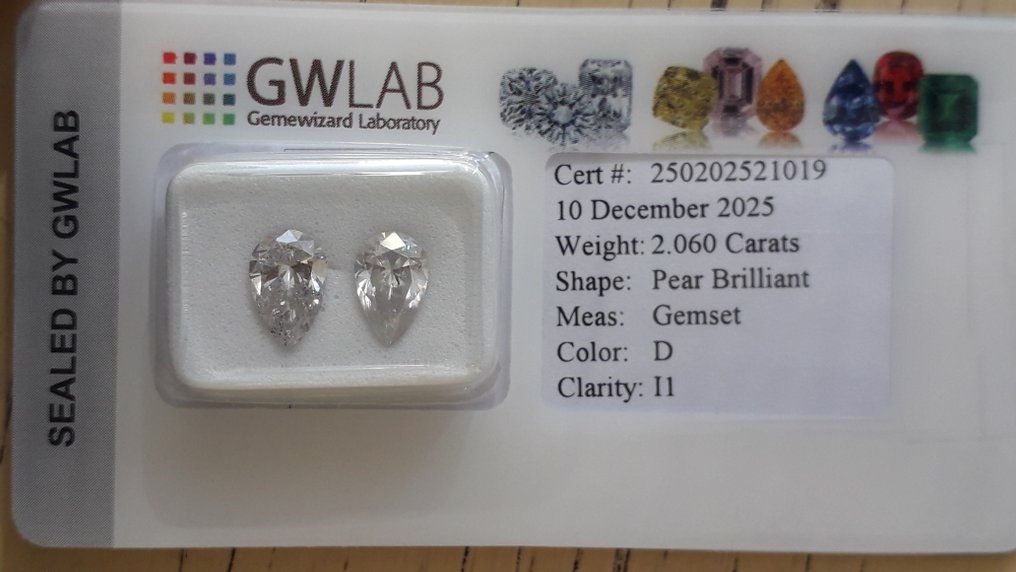 Ei pohjahintaa - 2 pcs Timantti  (Luonnollinen)  - 2.06 ct - Päärynä - D (väritön) - I1 - Gemewizardin gemologinen laboratorio (GWLab) #2.1