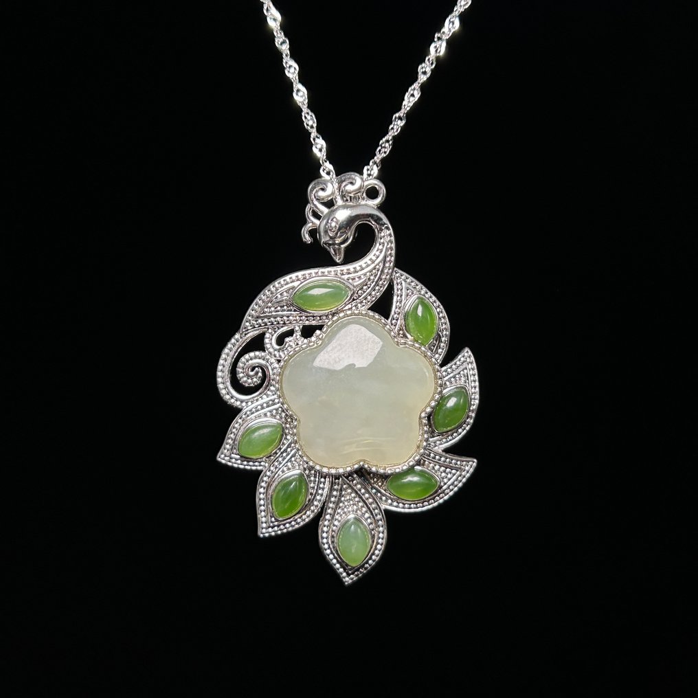 Intaglio, Jade inlay S925 silver pendant and necklace - 45 mm - Giada nephrite certificata #1.0