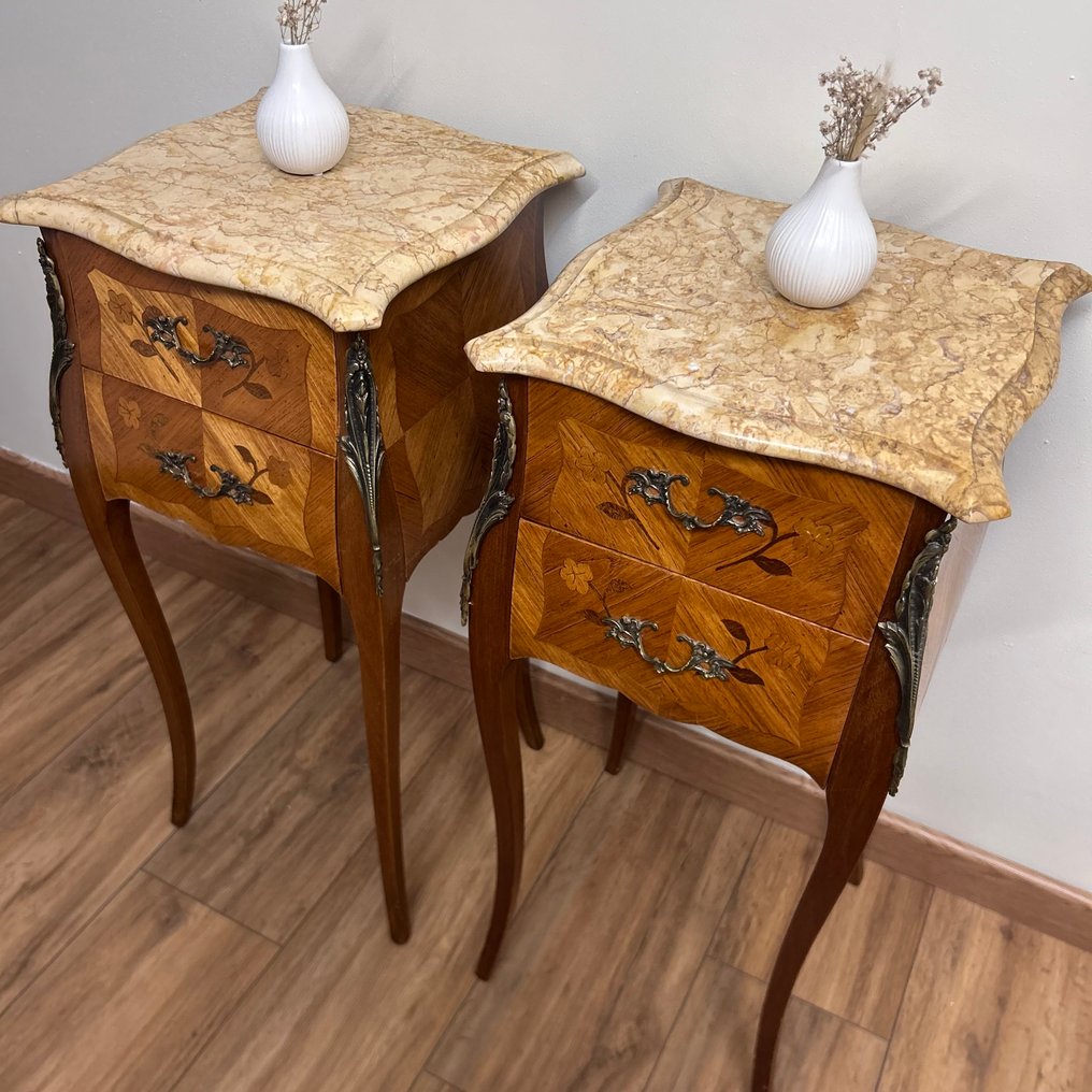 Nightstand (2) - Walnut, Marble - Louis XV style #1.0