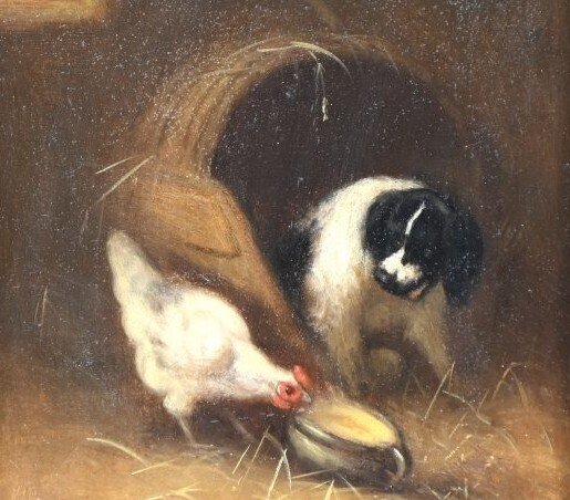 European school, XIX century - Scène de basse-cour – Poule et chien dans un intérieur rustique #4.3