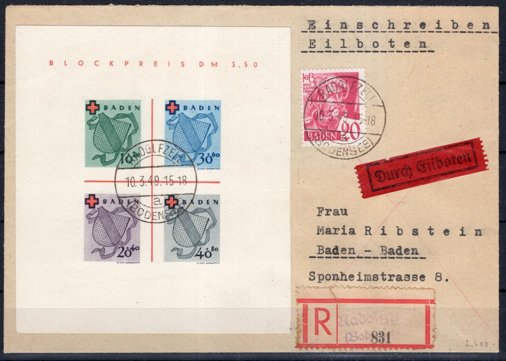 Baden - fransk zone 1949 - Block Röda korset på brev med attest - Michel Block 2 #1.0
