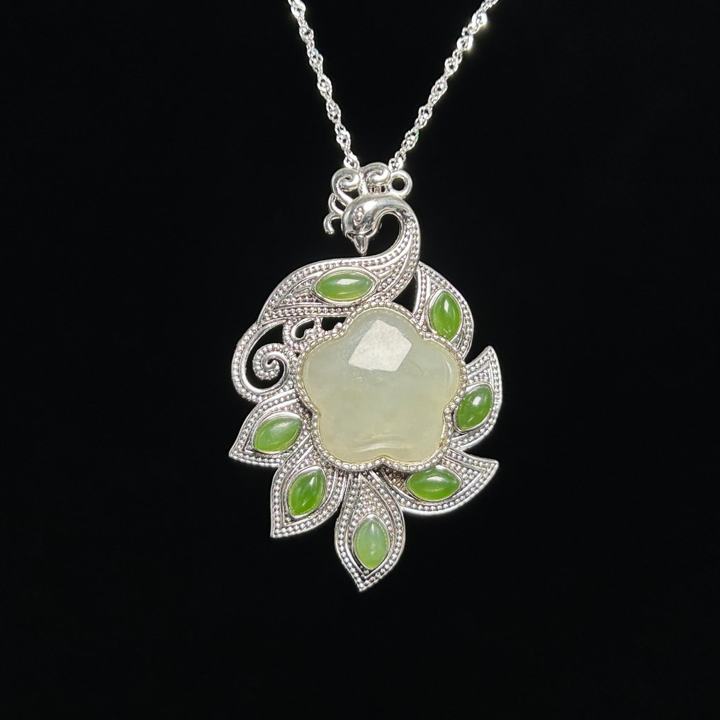 Intaglio, Jade inlay S925 silver pendant and necklace - 45 mm - Giada nephrite certificata #3.2