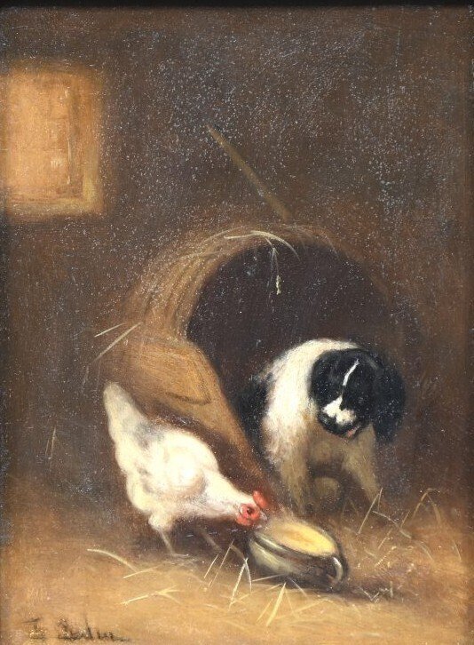 European school, XIX century - Scène de basse-cour – Poule et chien dans un intérieur rustique #1.0