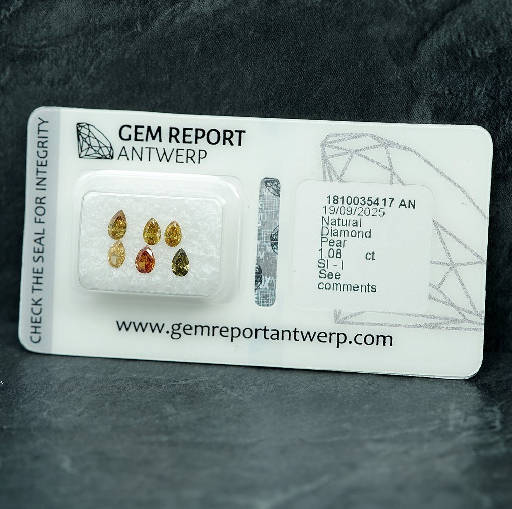 6 pcs Diamond  (Natural)  - 1.08 ct - Pear - SI1, I1 - Gem Report Antwerp (GRA) #4.3