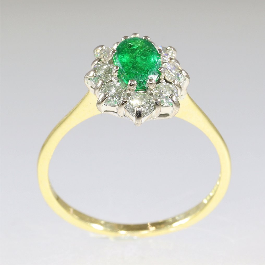 Zonder minimumprijs - Ring - 18 karaat Geel goud, Witgoud -  0.60ct. tw. Smaragd - Diamant - Vintage 1980 #3.2