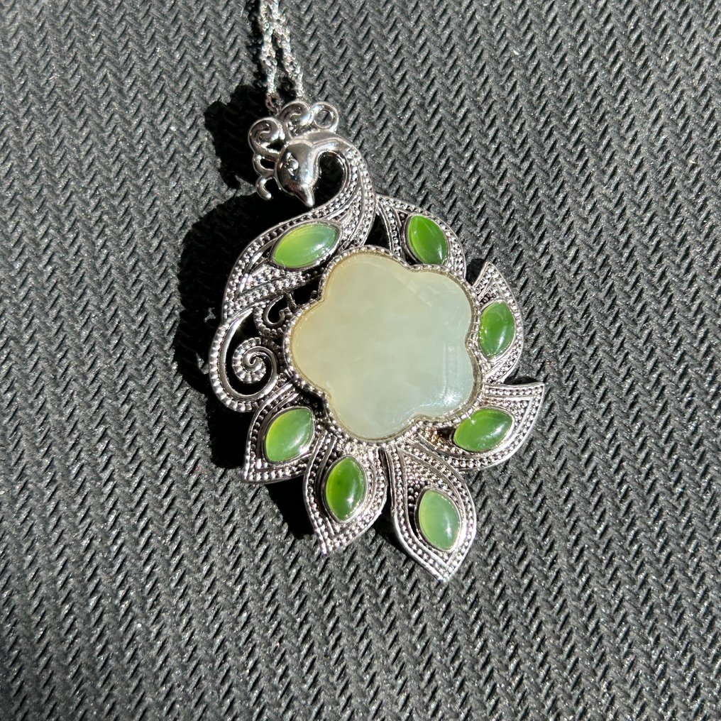 Intaglio, Jade inlay S925 silver pendant and necklace - 45 mm - Giada nephrite certificata #2.1