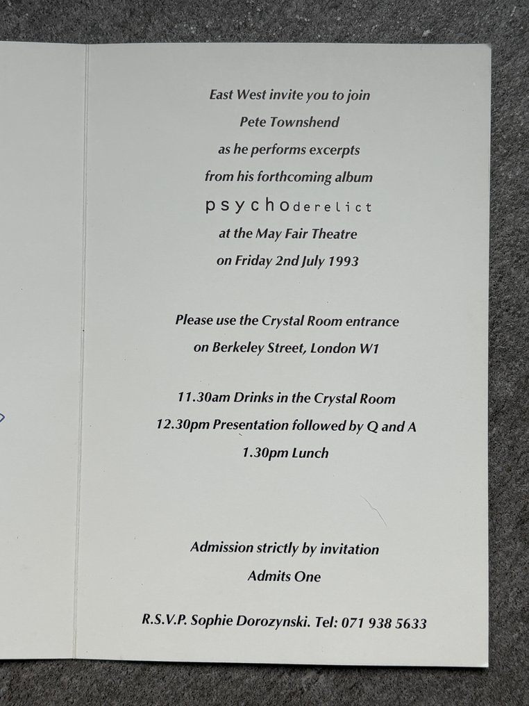 Pete Townshend - Signed numbered VIP-invite - 1993 #4.3